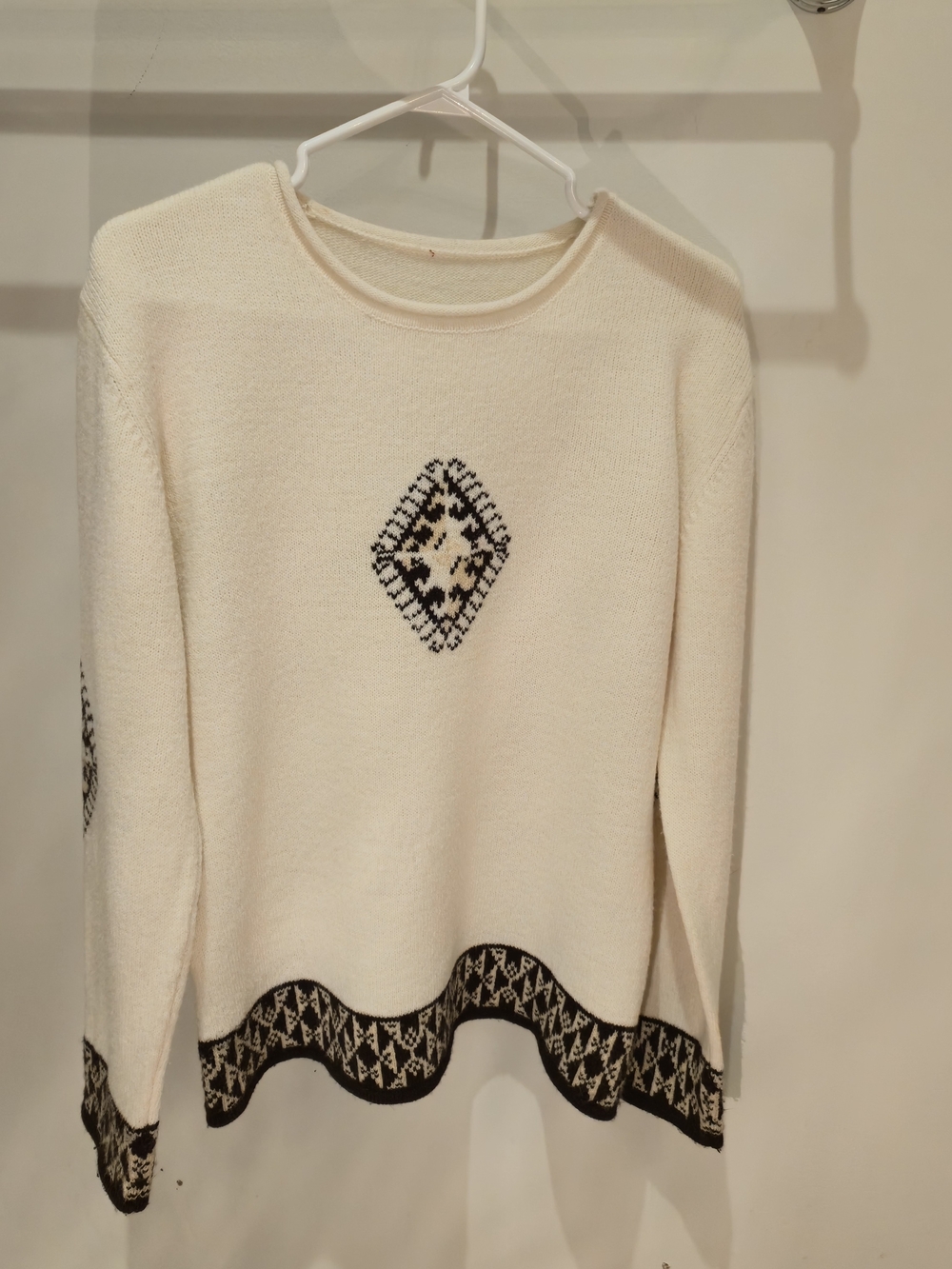 Wool Blend Cream Crewneck Sweater with Black Geometric Trim US 14